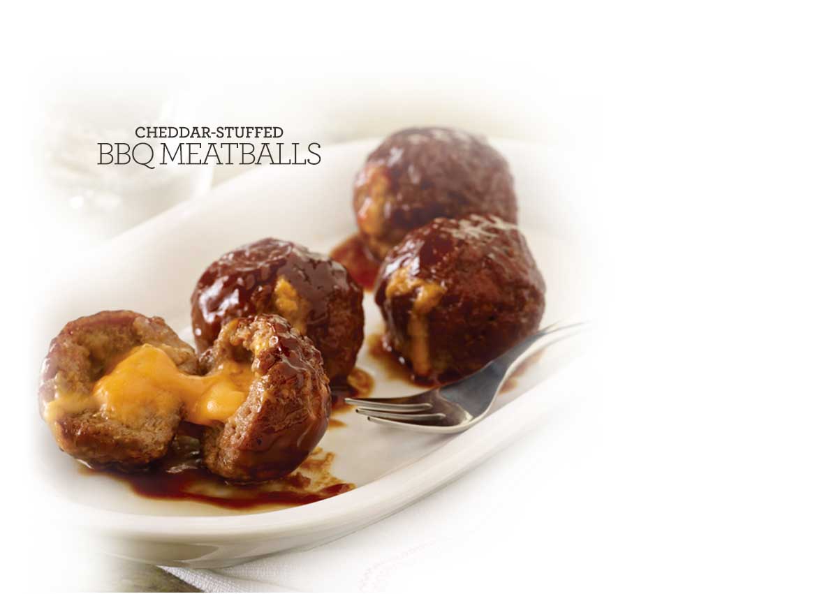 Recipe Cheddar Stuffed BBQ Meatballs Kaukauna Spreadable Cheese