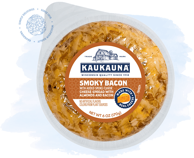 Kaukauna Smoky Bacon cheese spread in round plastic tub with label showing brand and flavor.